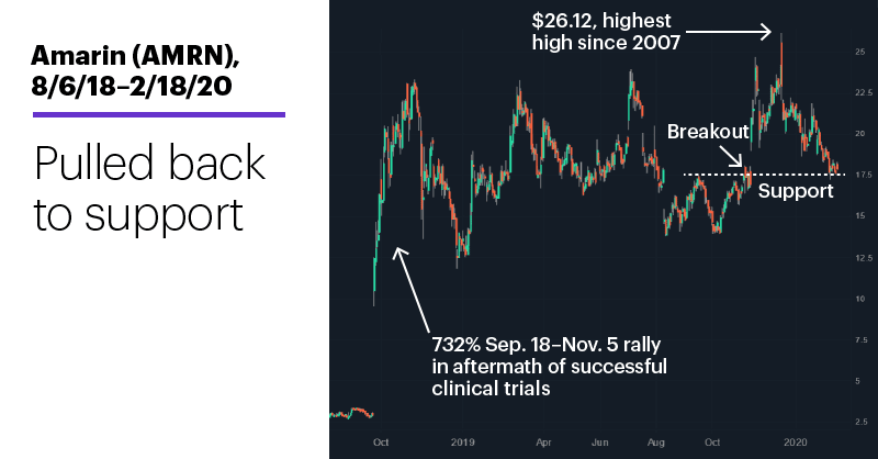 Chart 2: Amarin (AMRN), 8/6/18–2/18/20. Amarin (AMRN) price chart. Pulled back to support.