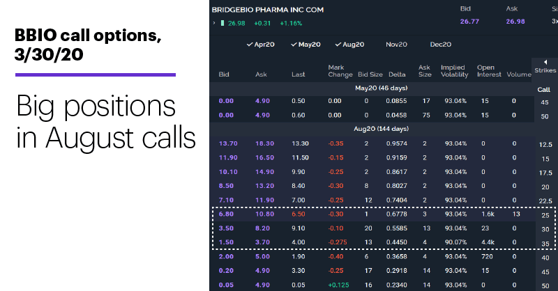 Chart 3: BBIO call options, 3/30/20. Big positions in August calls.