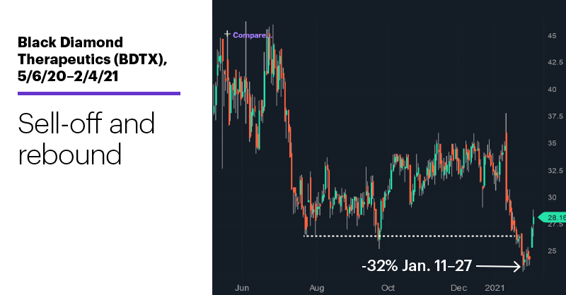 Chart 1: Black Diamond Therapeutics (BDTX), 5/6/20–2/4/21. Black Diamond Therapeutics (BDTX) price chart. Sell-off and rebound.