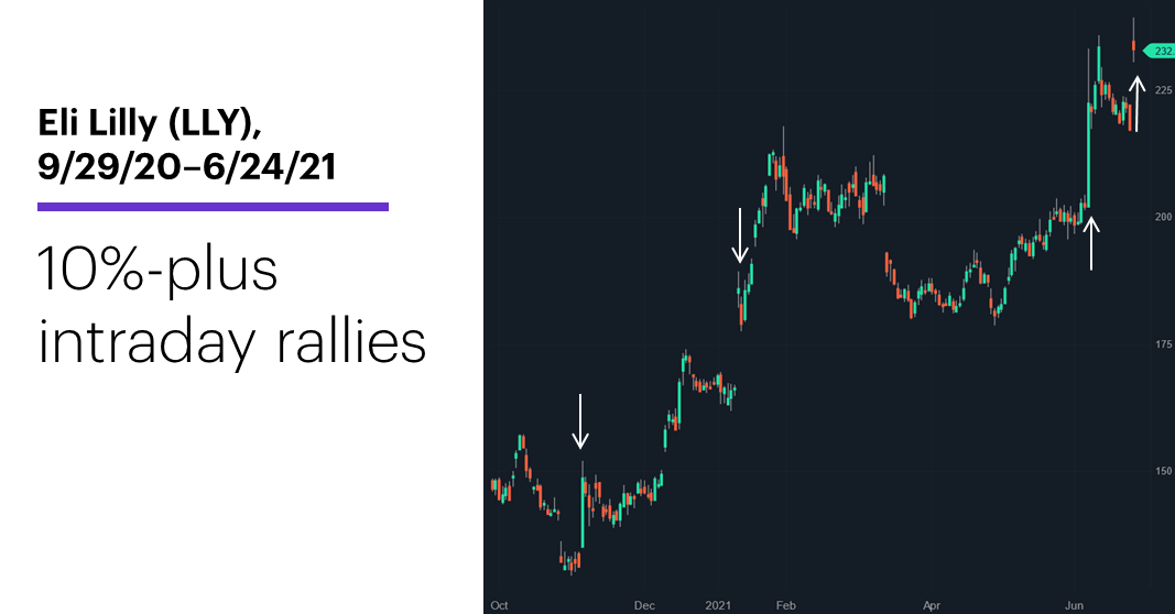 Chart 1: Eli Lilly (LLY), 9/29/20–6/24/21. Eli Lilly (LLY) price chart. 10%-plus intraday rallies.