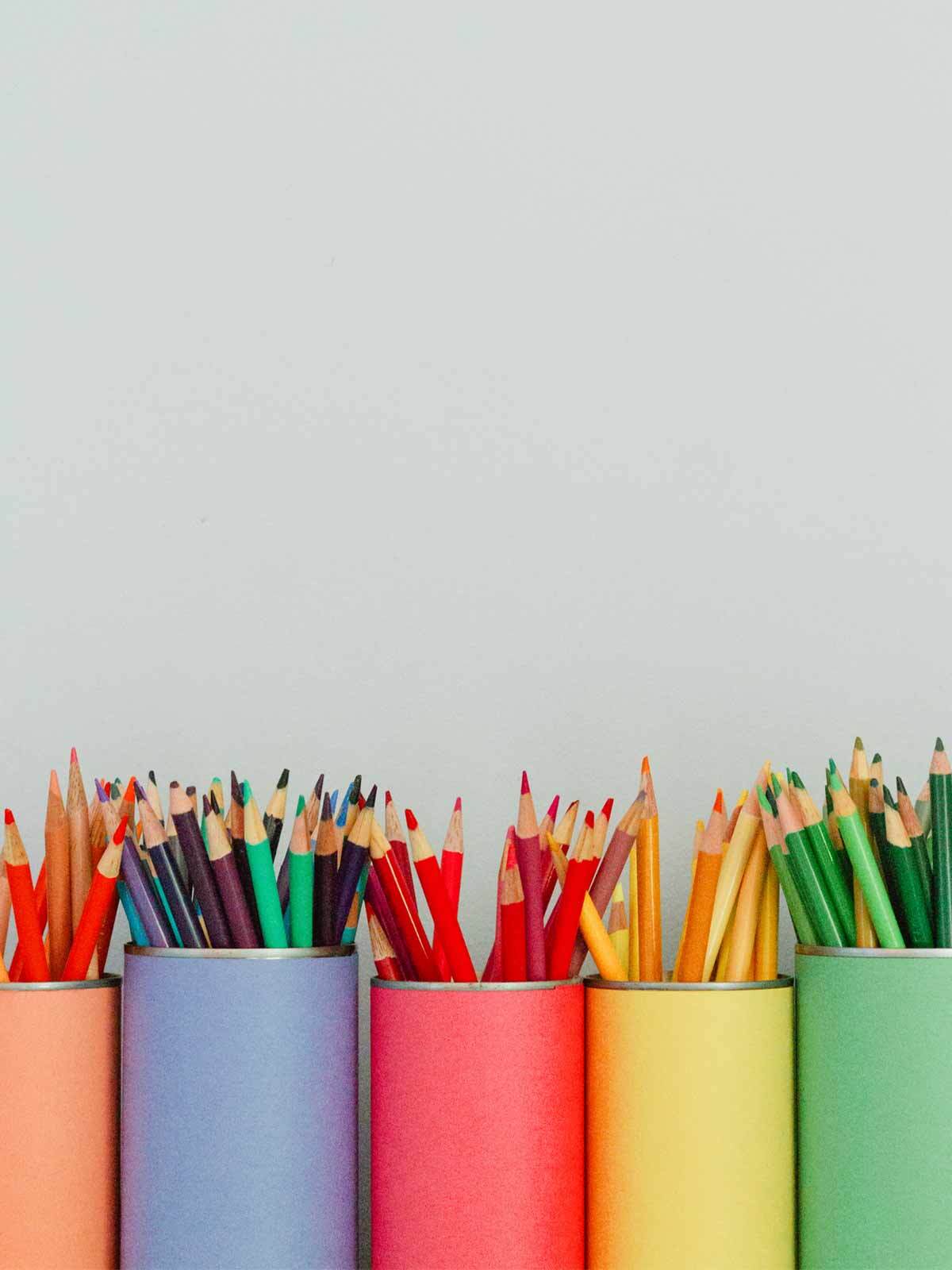 buckets of colored pencils