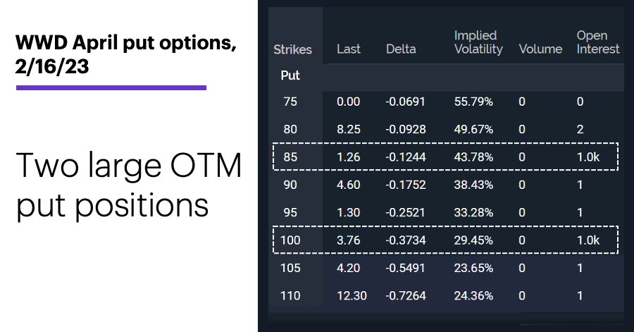 Chart 3: WWD April put options, 2/16/23. WWD put options chain. Two large OTM put positions.