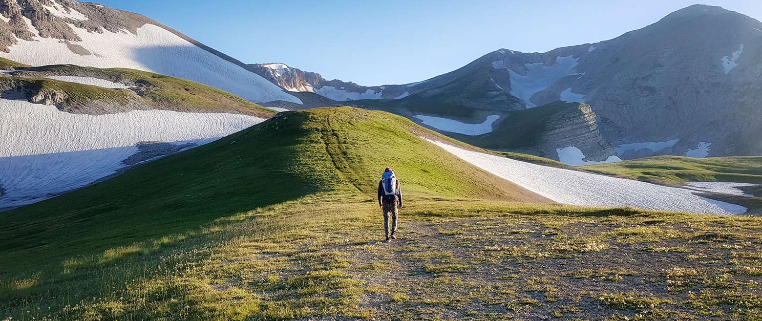 Person walking in a valley near mountains.