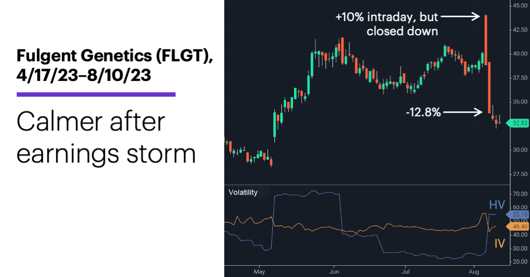 Chart 2: Fulgent Genetics (FLGT), 4/17/23–8/10/23. Fulgent Genetics (FLGT) price chart. Calmer after earnings storm.