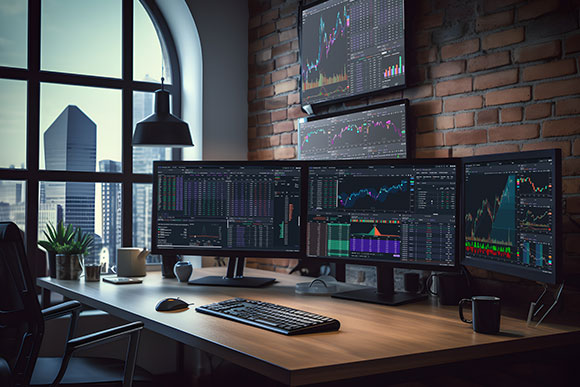 3 large monitors with the Power E*TRADE Pro trading desktop app
