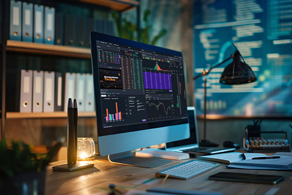 a desk with Power E TRADE on the monitor