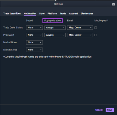 Price alerts notifications on Power ETRADE Pro 