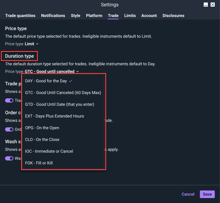 Order ticket default duration 1 on Power ETRADE Pro
