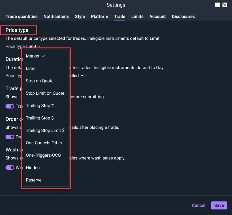 Order ticket default price type 1 on Power ETRADE Pro