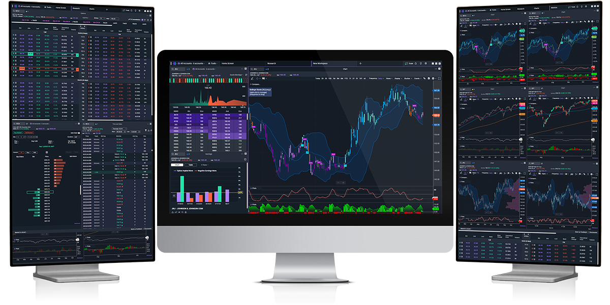 Power E*TRADE Pro trading platform desktop app on three screens