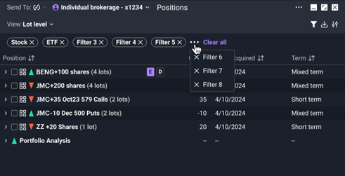 Screen grab of positions filters
