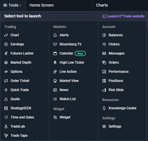 Screen grab of tools dropdown