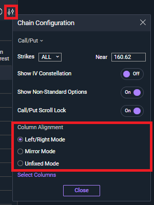 Screen grab of options chain modes
