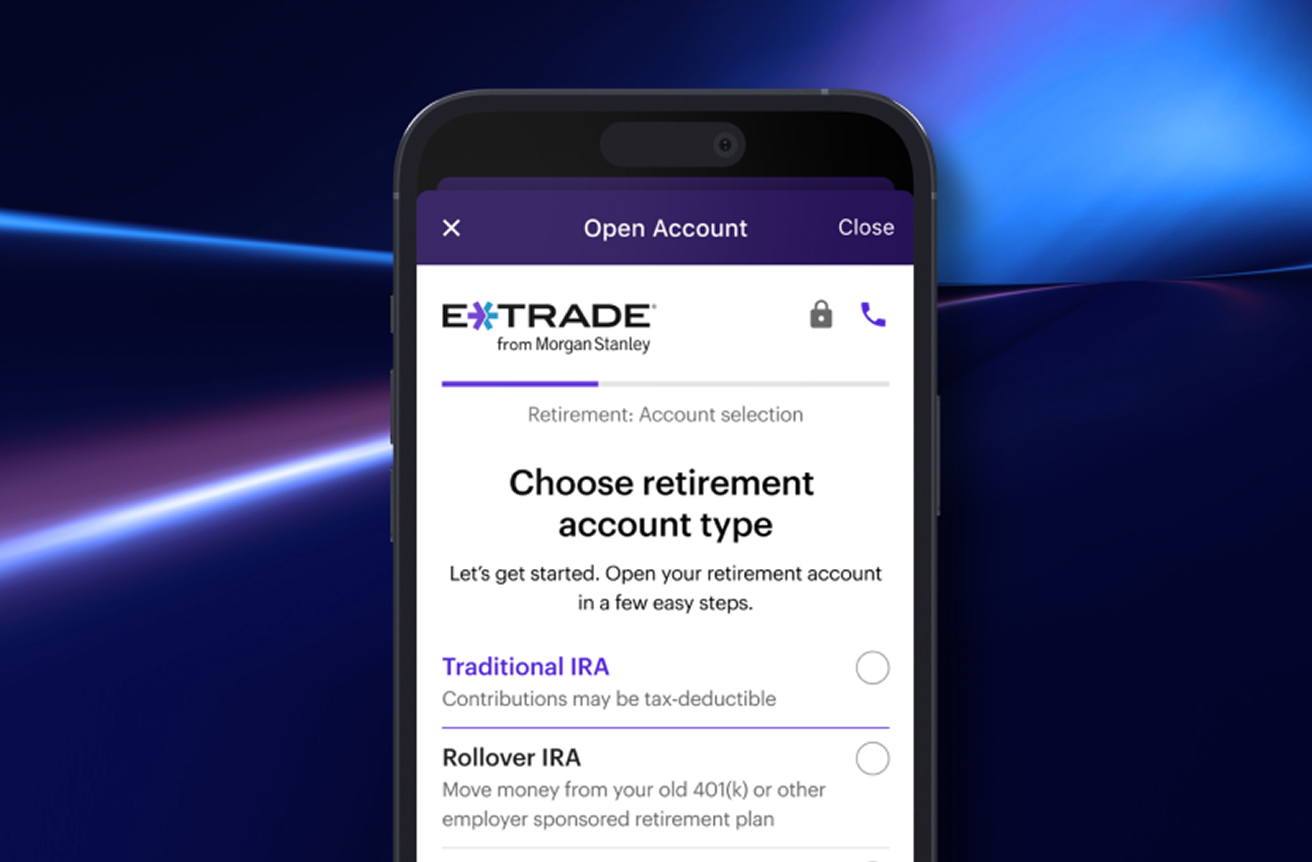 Open a retirement account on E*TRADE mobile app shown with Choose retirement account type