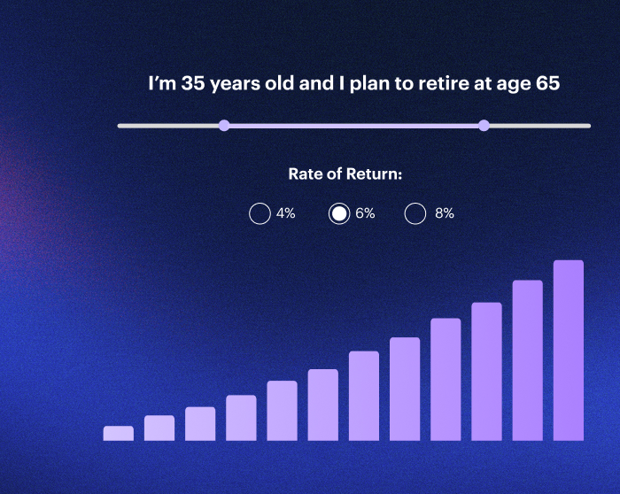 E*TRADE Retirement calculator slider tool showing the rate of return, the selected retirement age, and the amount of money you'd theoretically have at retirement