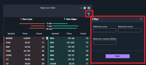 Screen grab of high low ticker tool filters