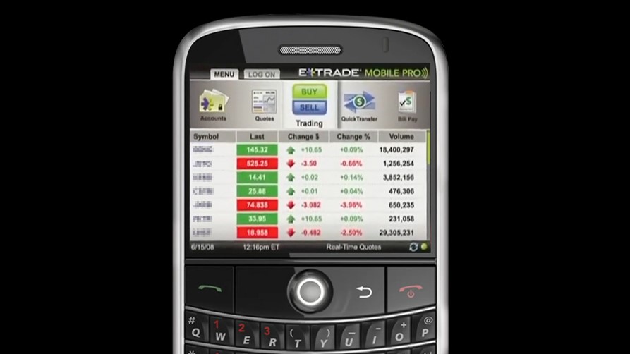 Historical photo showing E*TRADE's first mobile app shown on a Blackberry phone