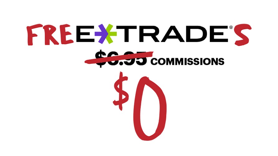 Historical photo showing an old ad from E*TRADE highlighting $0 commissions for stocks, options, ETFs, and ultimately mutual funds