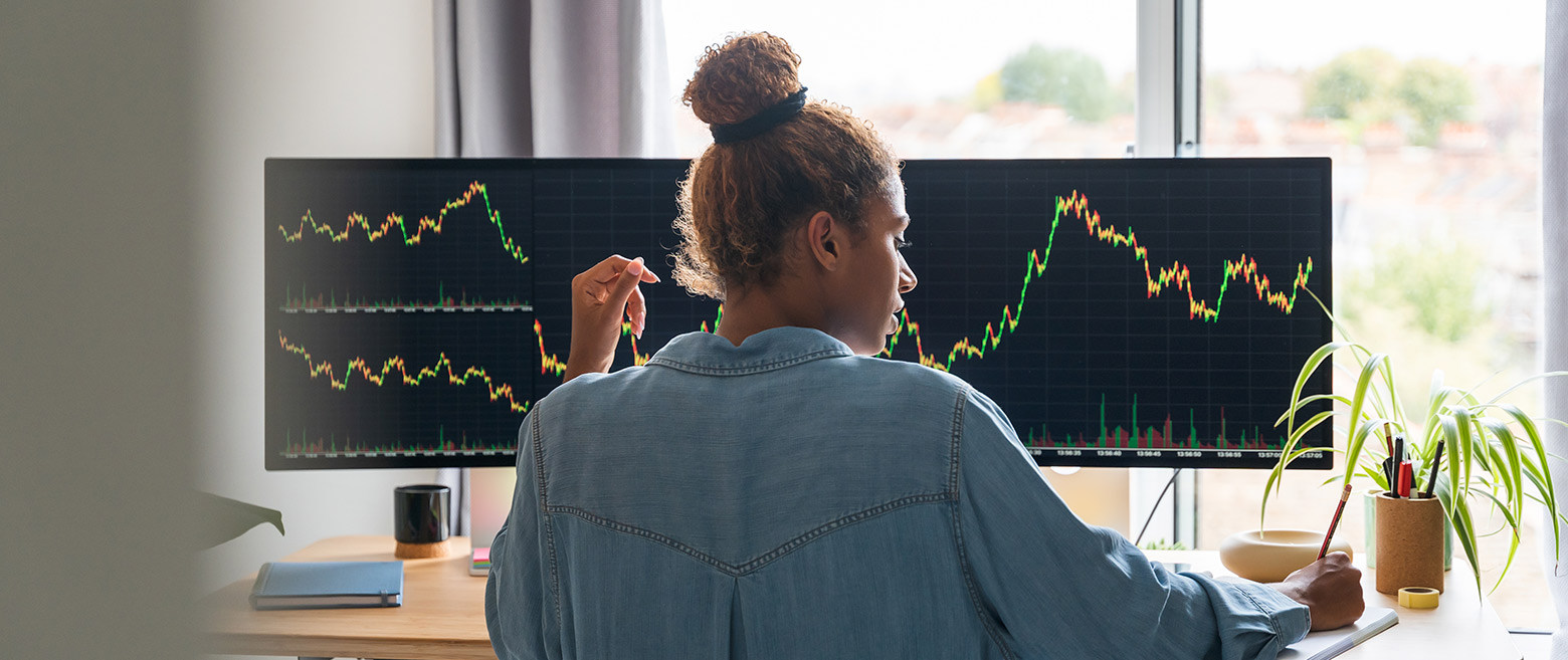 person viewing double monitors