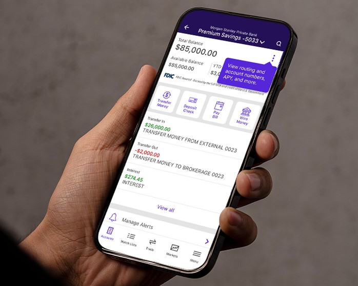 Premium Savings Account, Morgan Stanley's high yield savings account, shown on the E*TRADE mobile app