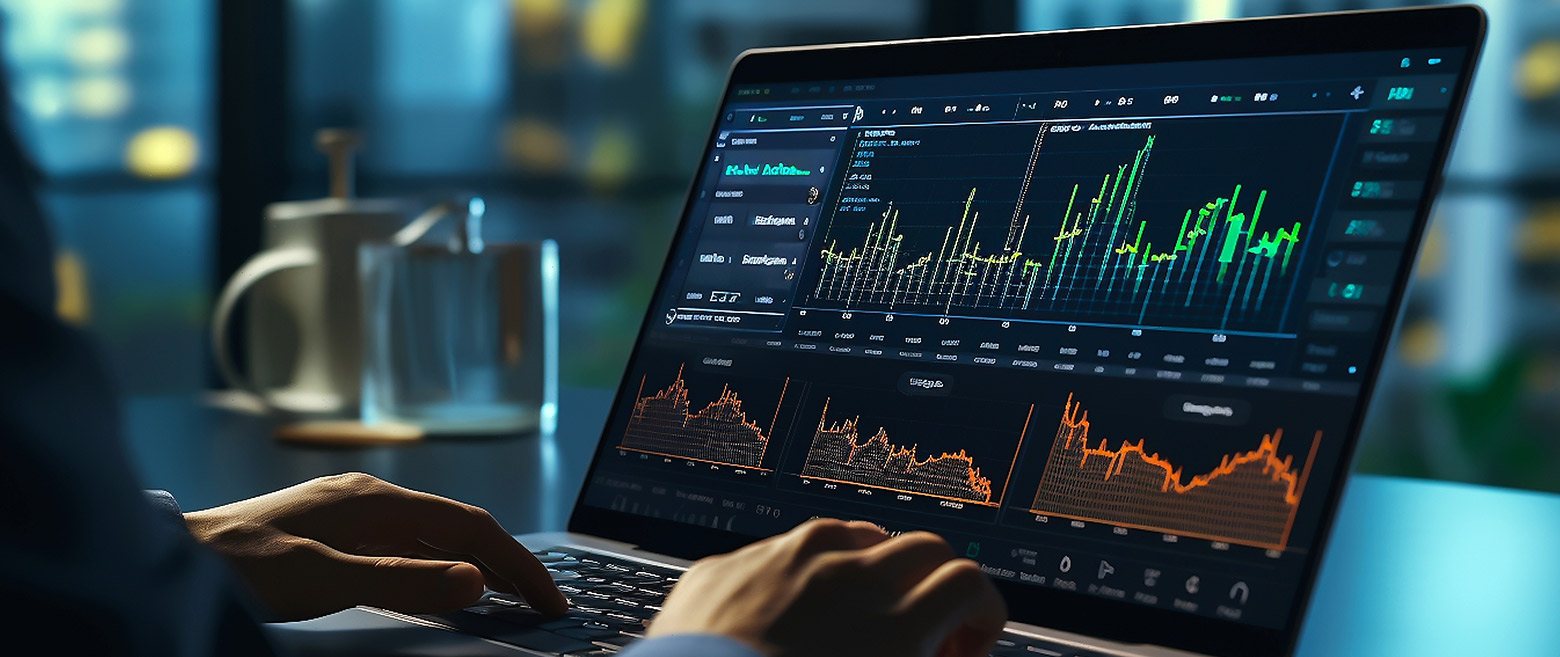 View of a laptop monitor with line charts across it