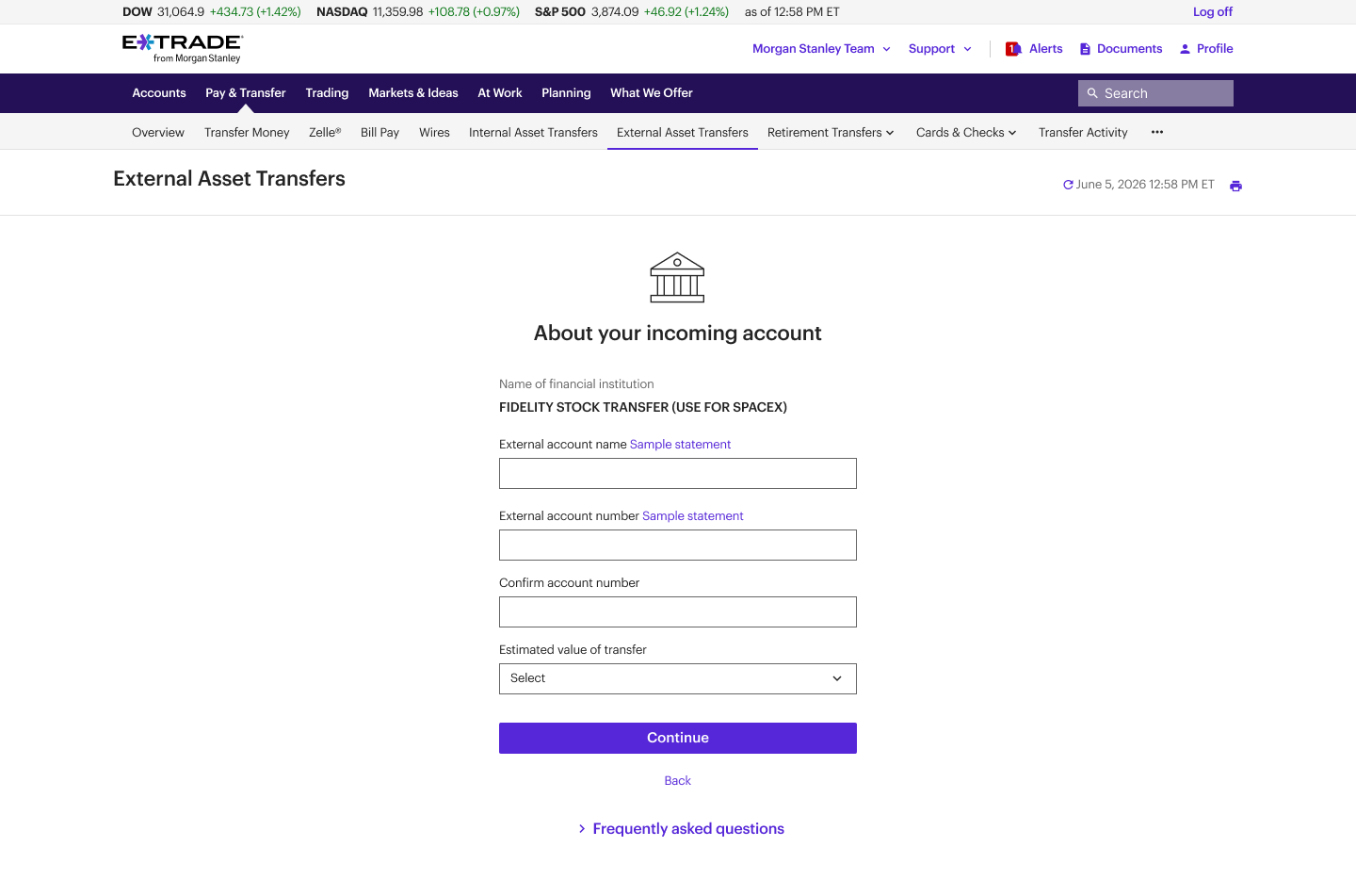 Screenshot of incoming account