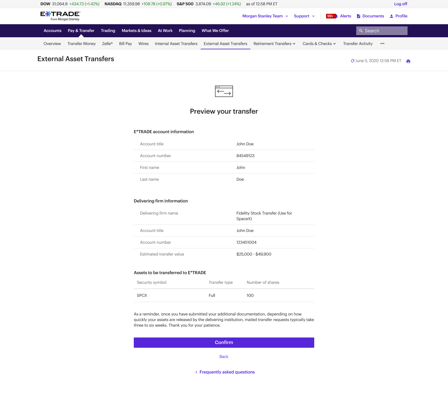 Screenshot of Space X confirmation page