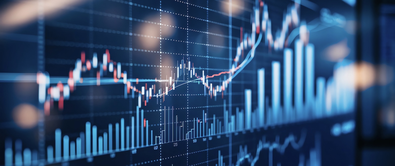 Stock market chart with rising bars and trend line.