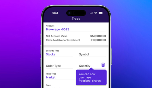 Mobile device showing trading fractional shares on E*TRADE