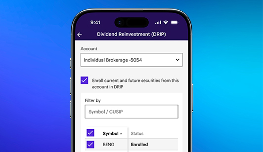 Mobile device showing enrolling in Dividend Reinvestment Program on E*TRADE app