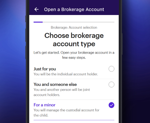 Mobile device showing E*TRADE online application with the Custodial Account selected
