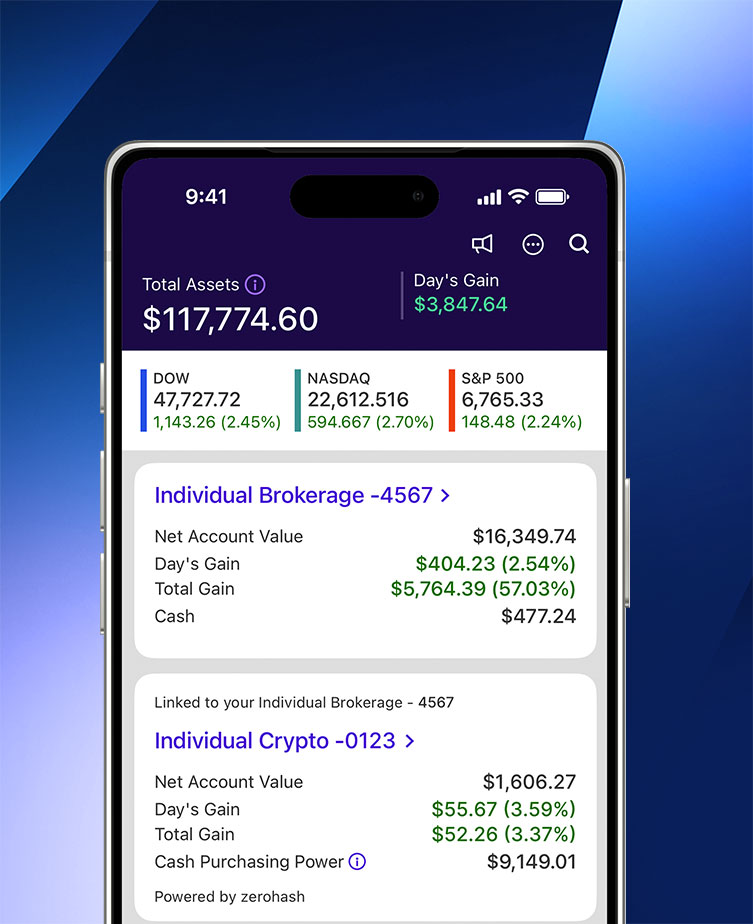E*TRADE mobile trading app showing a funded brokerage and crypto account