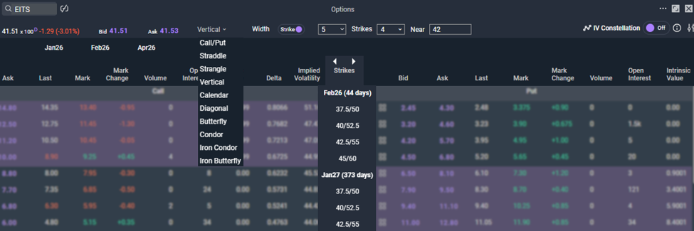 screenshot of a five-strike-wide vertical spread option chain