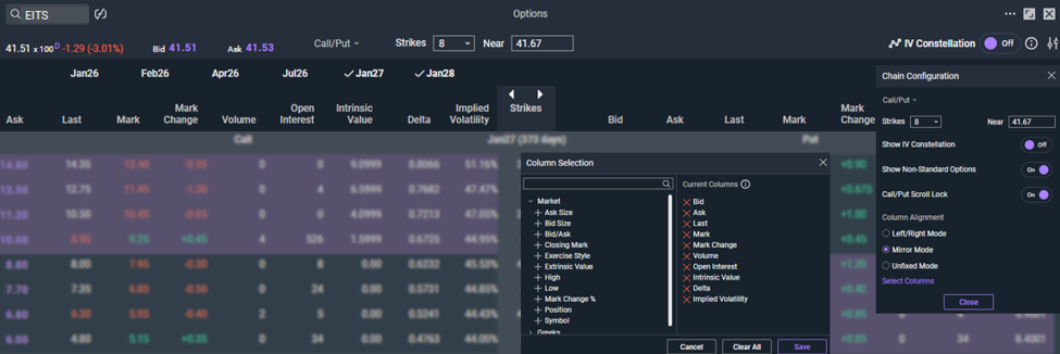screenshot of customization choices on a default Call/Put option chain