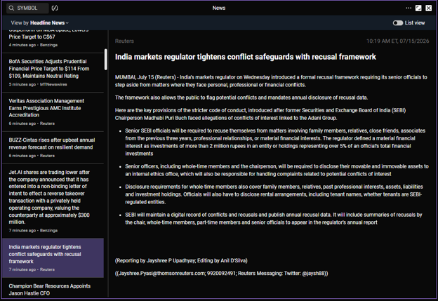 Screengrab of market news