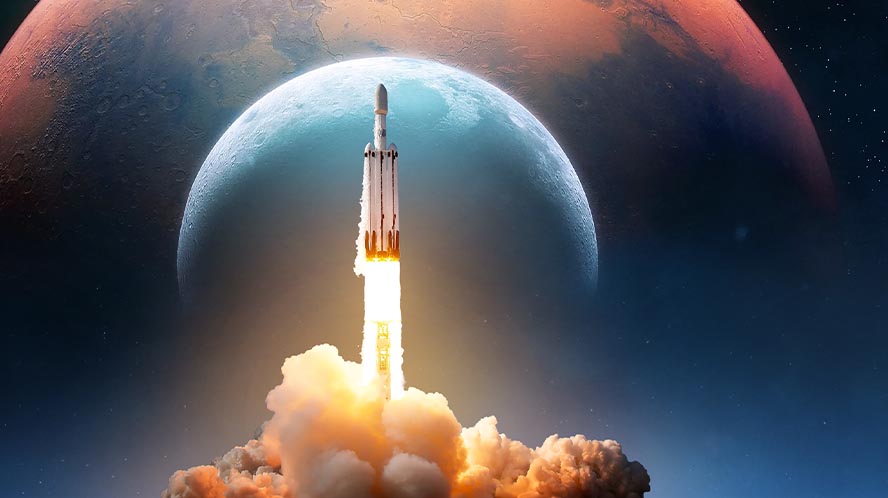 Rocket launching into space with a planet in the background.