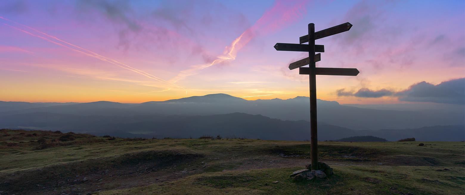 Signpost on a hill at sunset.
