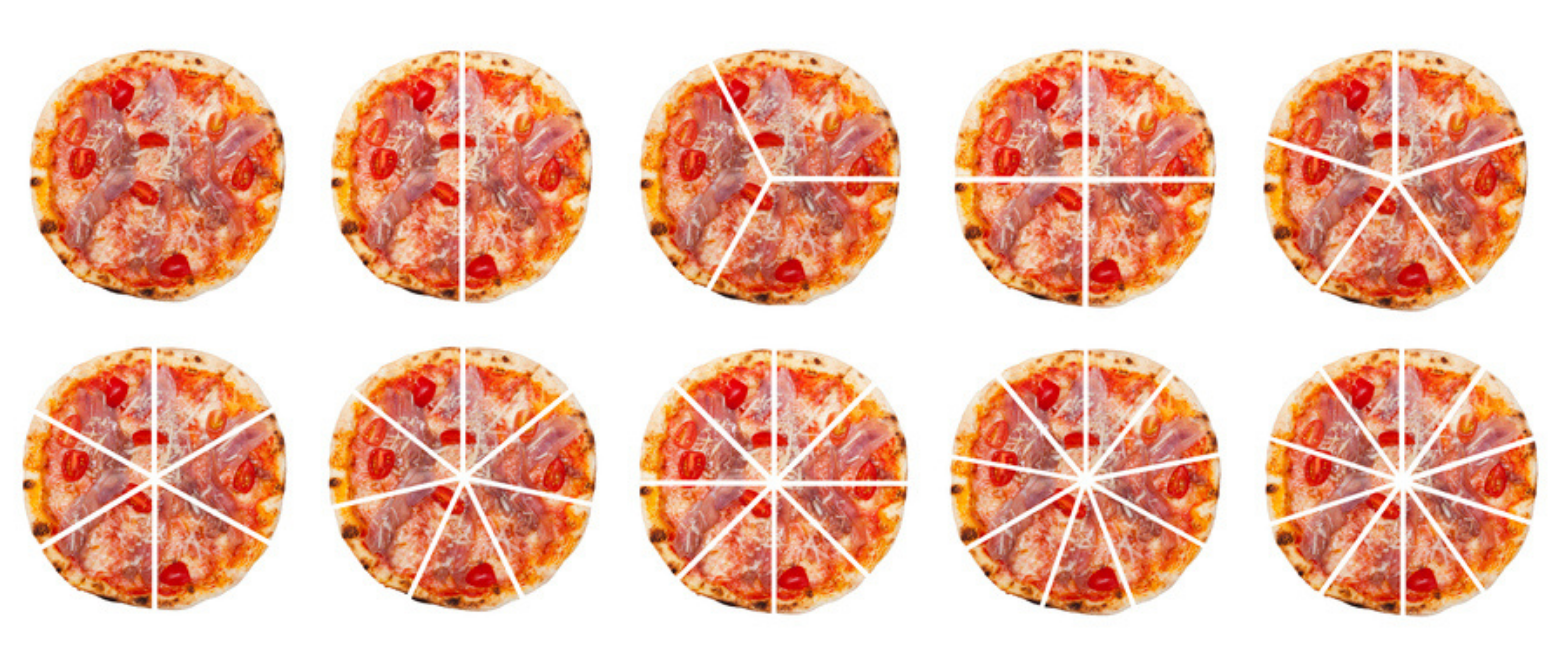 Image of 10 pizzas in two showing the slices