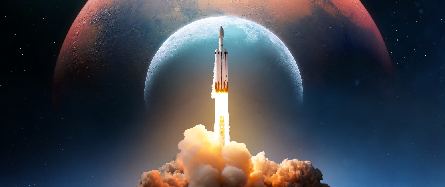 Rocket launching into space with a planet in the background.