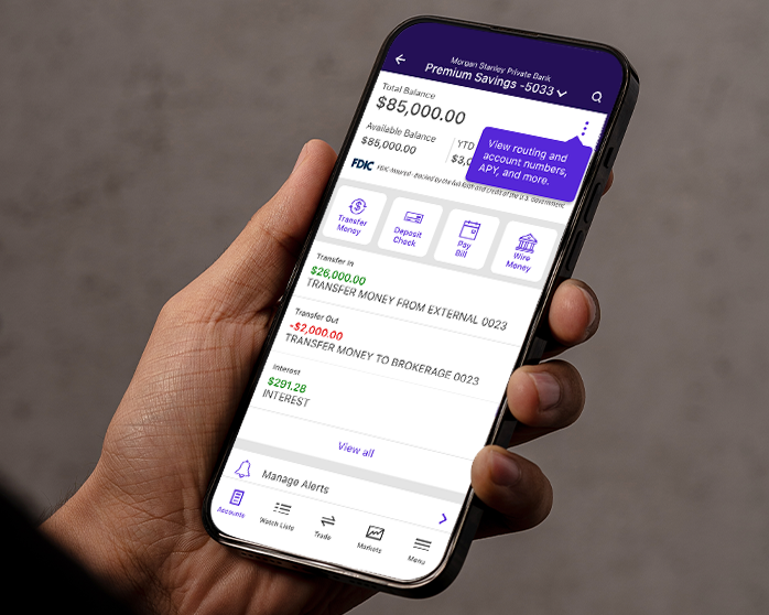 E*TRADE app showing Premium Savings Account balance and rate details