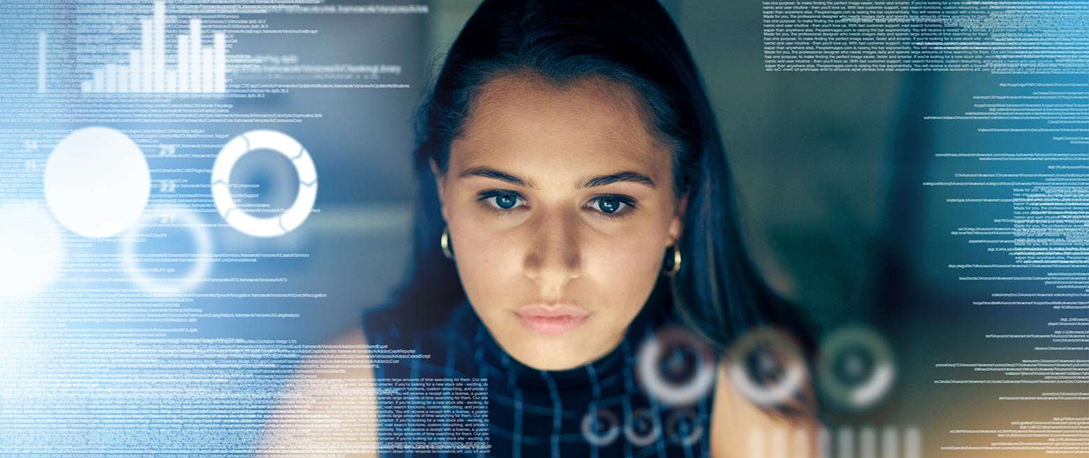 Woman with screen images behind her