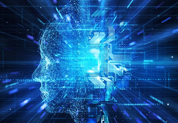 Abstract blue digital profile of a human head formed by glowing network lines, integrated with circuit-board patterns and data streams