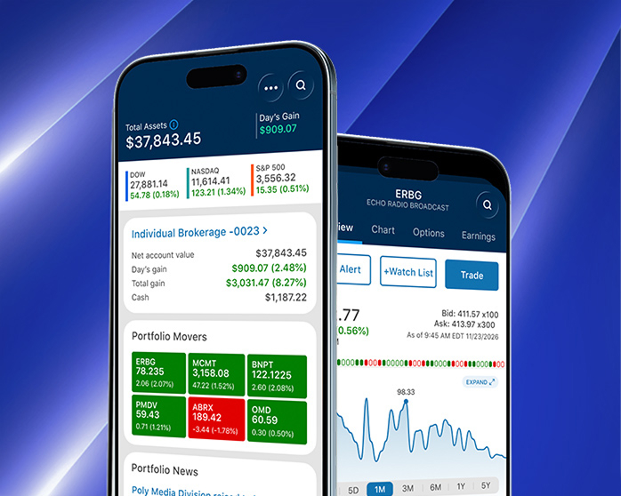 E*TRADE mobile trading app showing advanced charting and trading tools plus the home screen with a brokerage account and a high-yield savings account