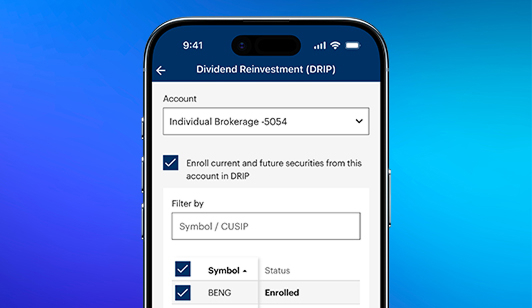 Mobile device showing enrolling in Dividend Reinvestment Program on E*TRADE app