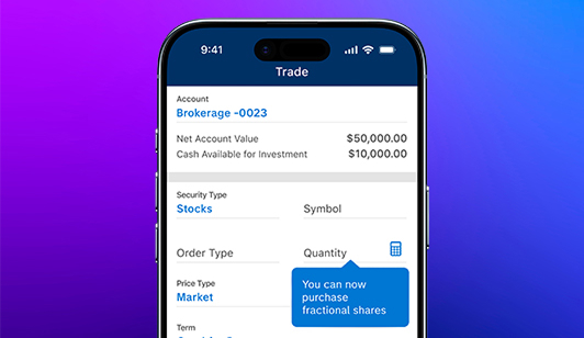 Mobile device showing trading fractional shares on E*TRADE