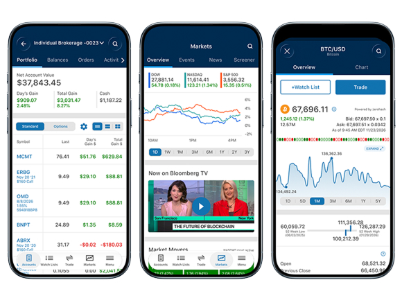 Three devices showing the E*TRADE mobile app with different screens