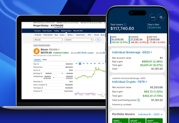 Crypto trading on a mobile device and laptop showing E*TRADE crypto