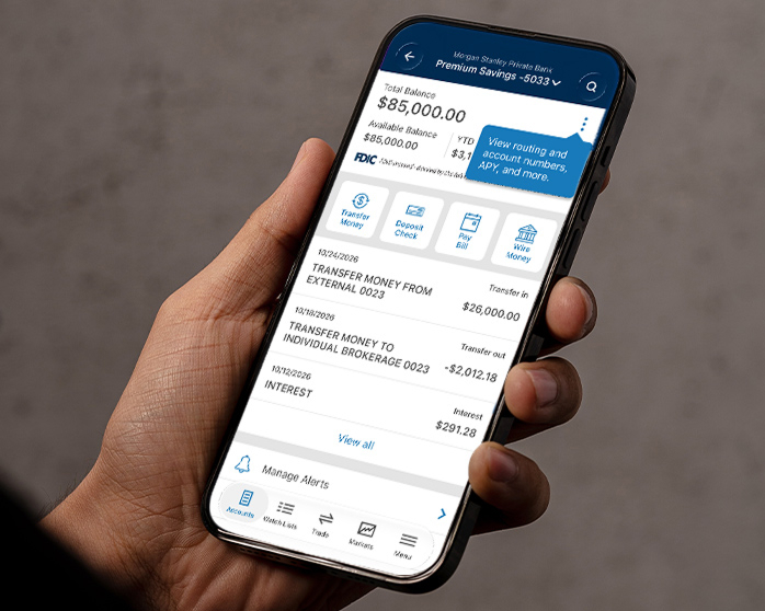 Premium Savings Account, Morgan Stanley's high-yield savings account, shown on the E*TRADE mobile app