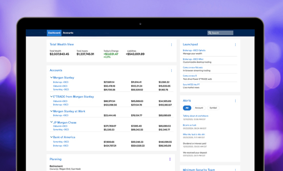 Screen showing a dashboard on E*TRADE with net worth and account balances