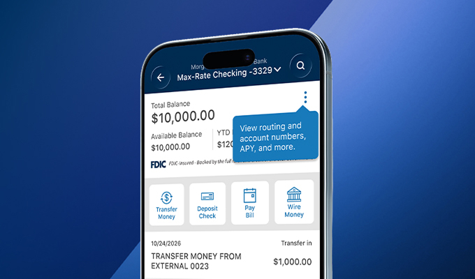 E*TRADE mobile app on an iPhone showing a checking account with a $10,000 balance